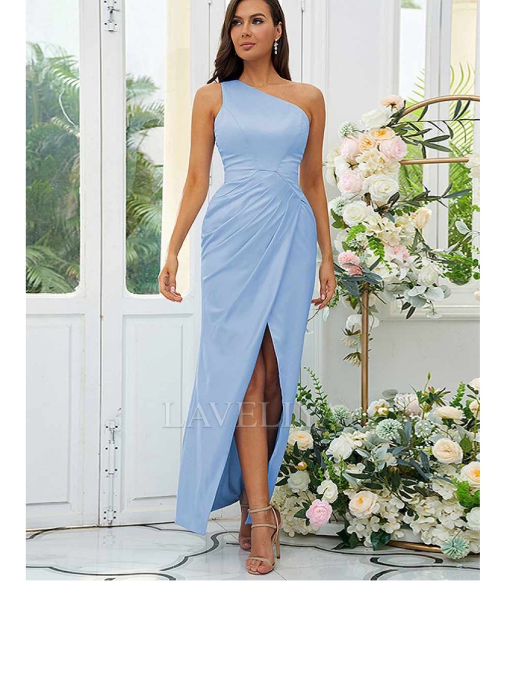 One-Shoulder Sky Blue Evening Gown